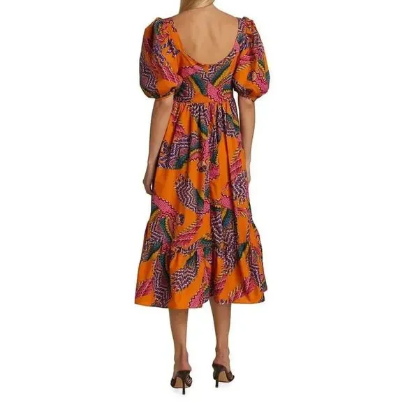 FARMRio Macaw Puff-Sleeve Midi Dress